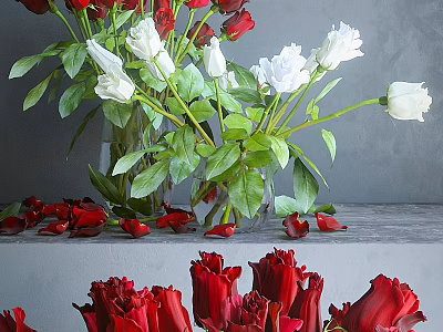 Elegant Decorative Ornament Set With Red White Roses Green Leaves Vase Scattered Petals Gray Background 3d model