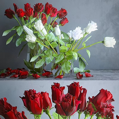 Elegant Decorative Ornament Set With Red White Roses Green Leaves Vase Scattered Petals Gray Background 3d model