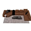 Stylish L Shaped Brown Sofa Coffee Table Combination With Cushions Side Table And Gray Rug 3d model