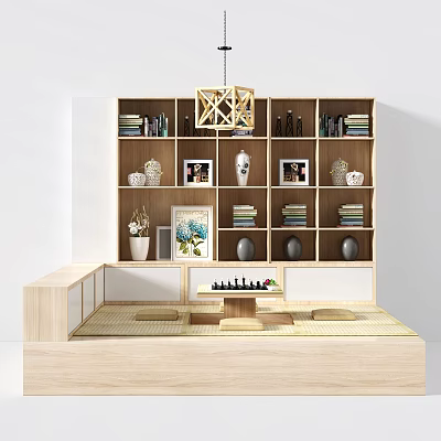 Japanese Style Room With Wooden Bookshelf Books Vases Photo Frames And Cushioned Platform 3d model