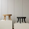 Modern Wooden and Black Stools on Display Stands in Minimalist Interior