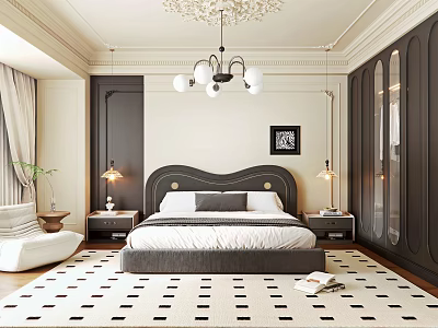Modern Elegant Bedroom Design With King Size Bed Chandelier Bedside Tables And Black White Rug 3d model
