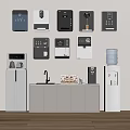 Modern Kitchen Household Appliances with Wall Mounted Coffee Machines Standing Water Dispensers and Refrigerators