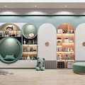 Modern Decorative Cabinet With Round Arch Design Open Shelves Light Green Plush Toy Round Stool