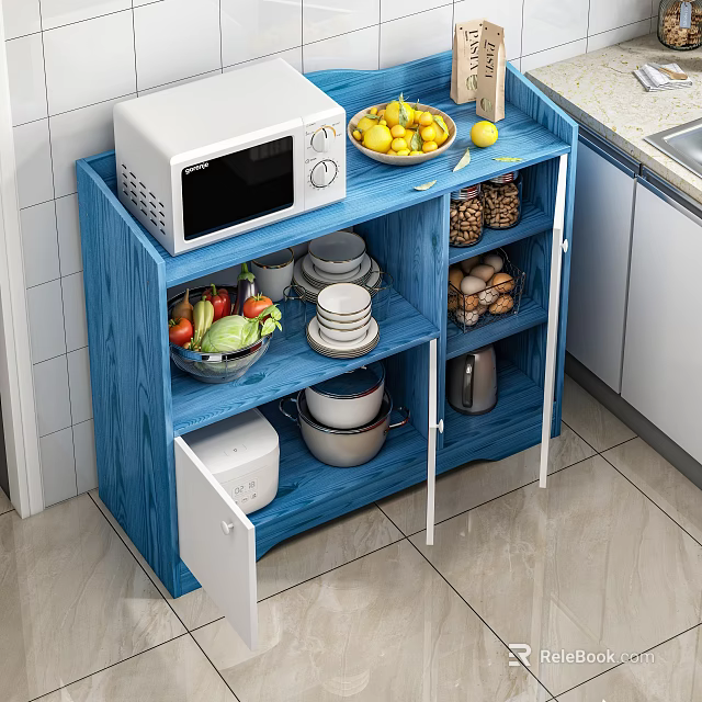 Blue Wooden Kitchen Sideboard With Microwave Fruit Bowl Pineapples Vegetables Dishes And Storage 3d model 