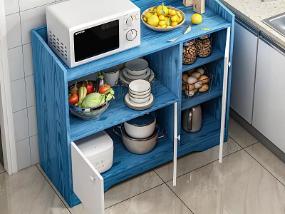 Blue Wooden Kitchen Sideboard With Microwave Fruit Bowl Pineapples Vegetables Dishes And Storage 3d model