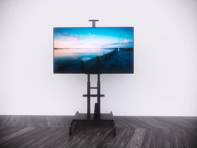 Flat screen Television on Black Stand Against White Wall with Wooden Floor Displaying Waterfront Sunset 3d model