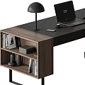 Modern Wooden Office Desk With Black Top Laptop Desk Lamp And Storage Shelves