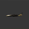 Black and Gold Aircraft with Propellers and Long Shiny Wings on Gray Background