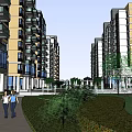 Modern High Rise Residential Building With Green Lawn Trees And Balconies