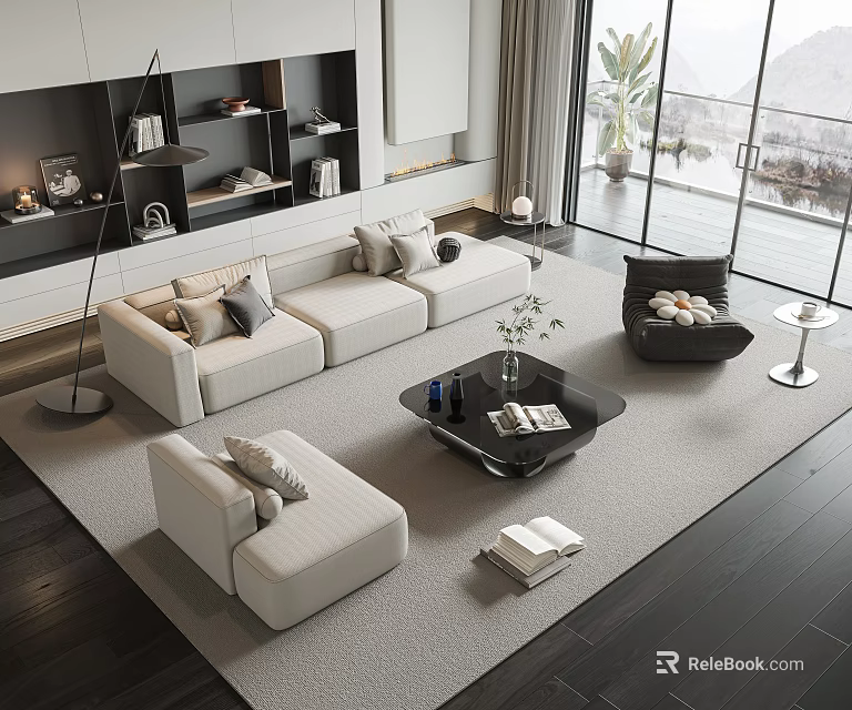 Modern Sofa and Coffee Table Combination with Beige Cushions Black Rectangular Top and Area Rug 3d model
