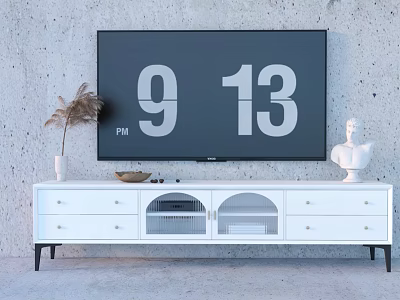 Modern White TV Stand With TV Digital Clock Display Statue Dried Pampas Grass Drawers And Glass Doors 3d model
