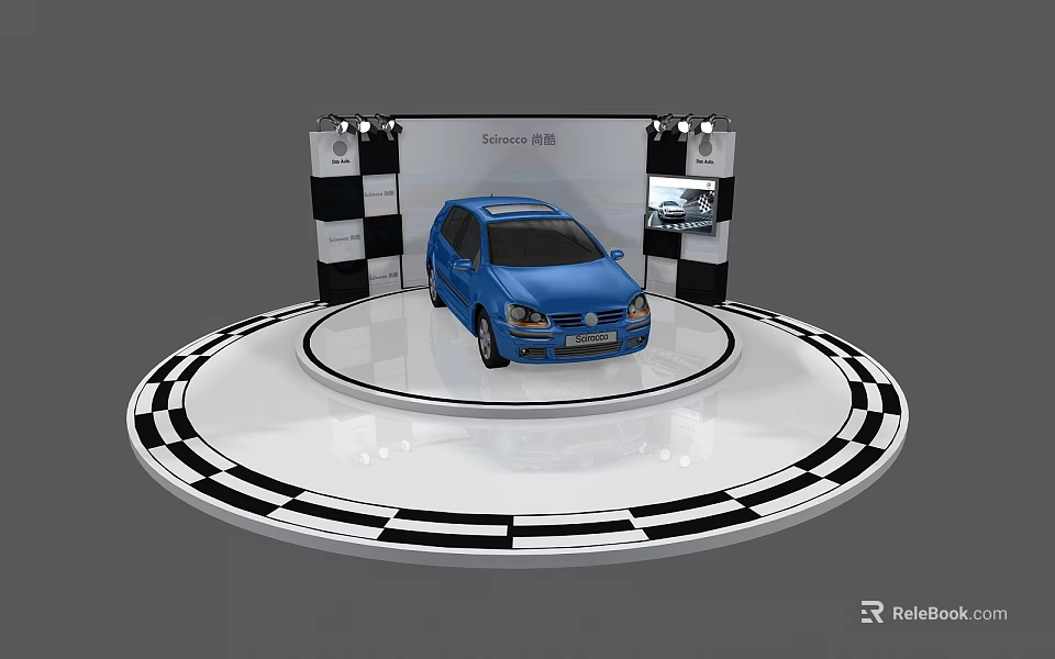 Blue Car Display Shelf with Circular Platform and Black White Checkered Design 3d model 