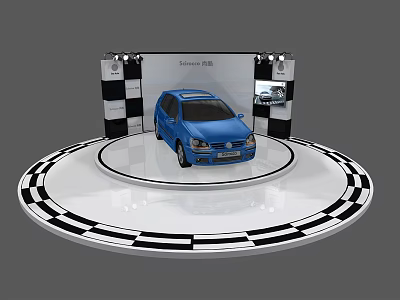 Blue Car Display Shelf with Circular Platform and Black White Checkered Design 3d model