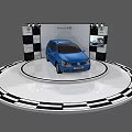 Blue Car Display Shelf with Circular Platform and Black White Checkered Design 3d model