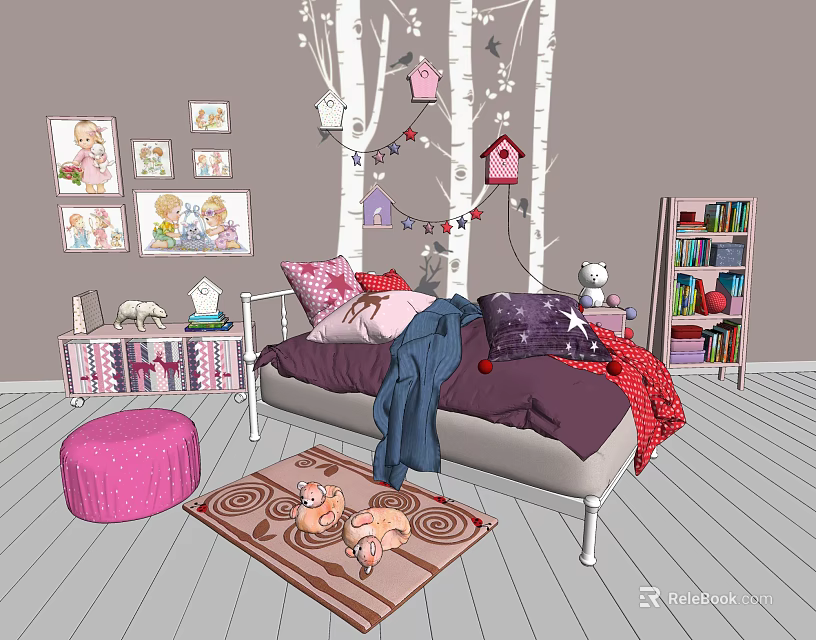 Cozy Single Sofa In Kids Bedroom With Birch Branches And Cat Rug 3d model 