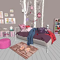 Cozy Single Sofa In Kids Bedroom With Birch Branches And Cat Rug