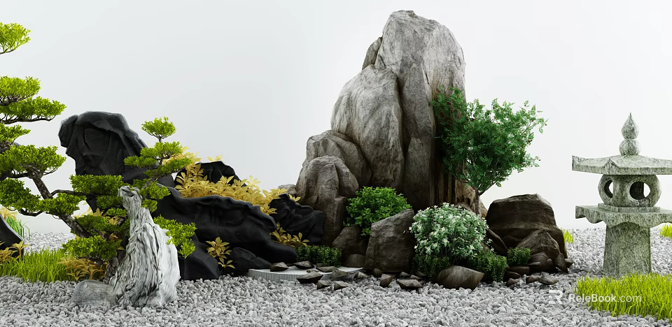 Japanese Dry Landscape Garden Design With Large Rocks Green Plants Yellow Foliage And Small Pebbles 3d model 