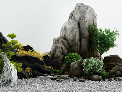 Japanese Dry Landscape Garden Design With Large Rocks Green Plants Yellow Foliage And Small Pebbles 3d model