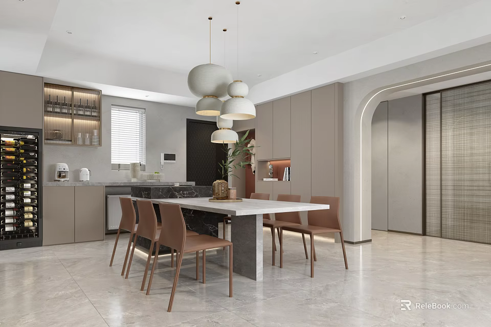 Modern Dining Room Interior Design With Rectangular Marble Table Brown Chairs And Pendant Lights 3d model