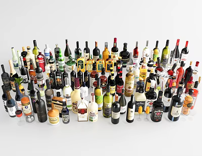 Assorted Wine Bottles and Glasses Collection with Diverse Styles on 3d model