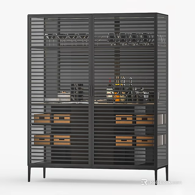 Modern Wine Cabinet With Metal Frame Wine Glass Rack And Storage Drawers 3d model 