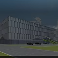 Modern Office Building Exterior Design With Striped Facade Central Entrance Green Lawn And Parking Area
