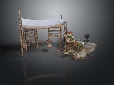 Rustic Outdoor Market Stall Structure With Wooden Frame White Canopy And Vegetable Baskets 3d model