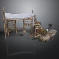 Rustic Outdoor Market Stall Structure With Wooden Frame White Canopy And Vegetable Baskets