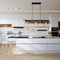 Modern Kitchen Interior With White Cabinets Island Counter Hanging Lights And Wooden Flooring