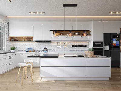 Modern Kitchen Interior With White Cabinets Island Counter Hanging Lights And Wooden Flooring 3d model