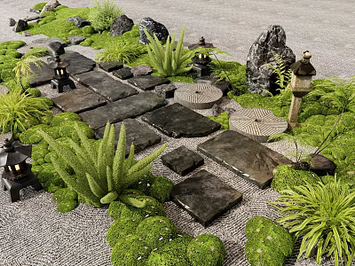 Japanese Style Courtyard Garden With Stone Slabs Path Green Plants Moss And Stone Lanterns 3d model