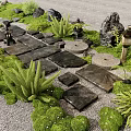 Japanese Style Courtyard Garden With Stone Slabs Path Green Plants Moss And Stone Lanterns