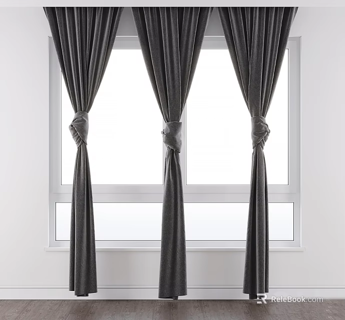 Dark Colored Curtains With Tiebacks On White Frame Window In Modern Room 3d model 