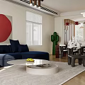 Elegant Modern Living And Dining Room Interior With Blue Sofa Round Coffee Table Red Painting
