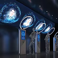 Innovative Holographic Tech Installation With Blue Rings Human Images And Interactive Screens