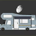 Light Blue Camper Van with Satellite Antenna Solar Panel Open Blue Awning and Door Steps