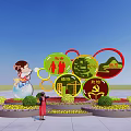 Colorful Circular Decorated Flower Bed Planter With Patterns Characters And People Admiring Under Blue Sky