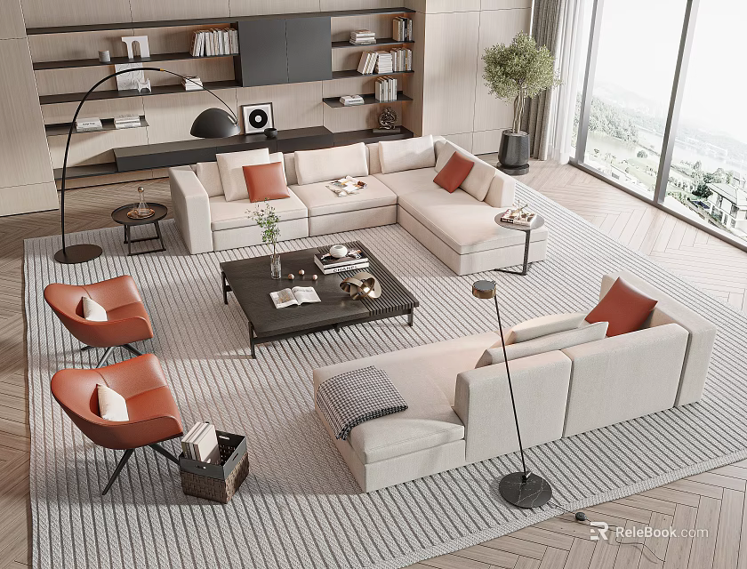 Modern Sectional Sofa And Wooden Coffee Table With Accent Chairs And Throw Pillows 3d model 
