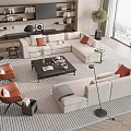 Modern Sectional Sofa And Wooden Coffee Table With Accent Chairs And Throw Pillows