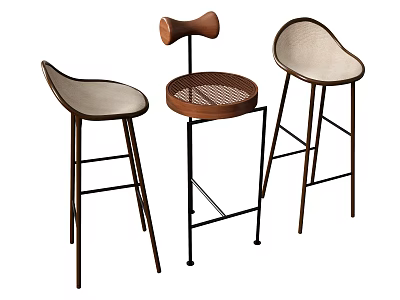 Three Modern Bar Stools With Different Designs Wooden Seats And Metal Frames 3d model