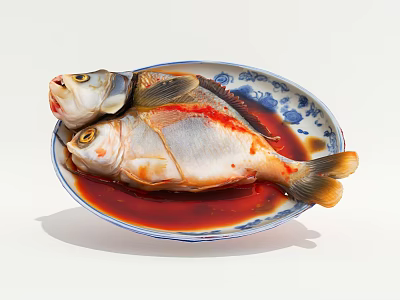 Steamed Whole Fish on Blue and White Patterned Plate with Red Sauce 3d model