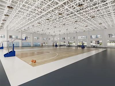 Indoor Basketball Gym With Sports Wooden Floor Multiple Hoops And Metal Grid Ceiling 3d model