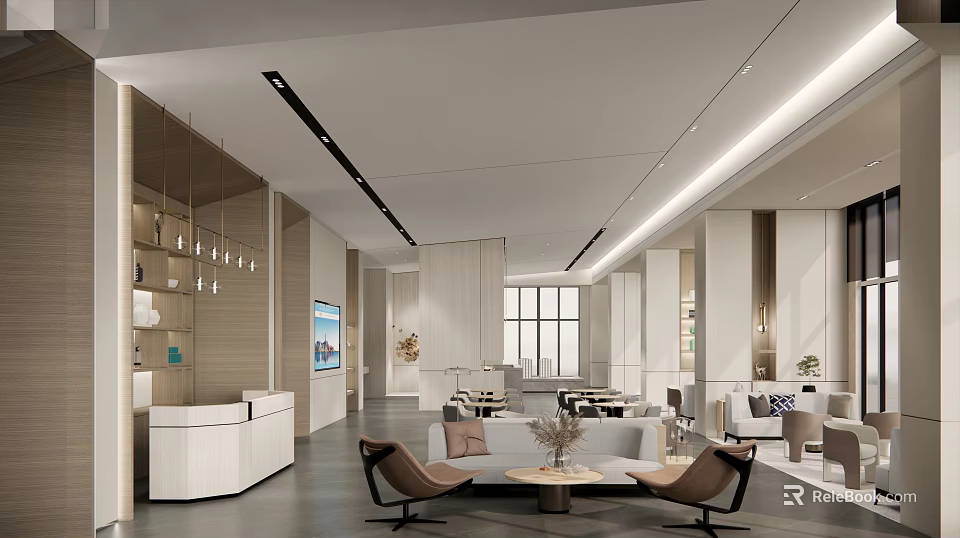 Modern Sales Office Interior Design With Reception Desk Comfortable Sofa And Open Space 3d model 