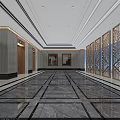 Elegant Elevator Lobby with Marble Floor Grid Pattern Elevator Doors Decorative Artworks and Metal Screens 3d model