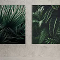 Green Tropical Plant Paintings With Ferns And Large Leaves On Gray Wall