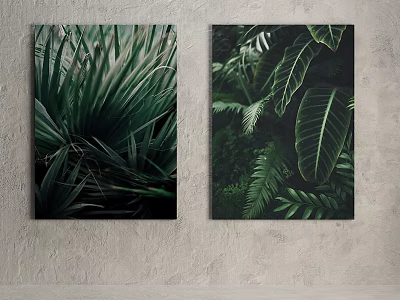 Green Tropical Plant Paintings With Ferns And Large Leaves On Gray Wall 3d model