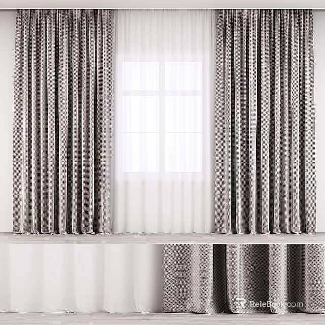 Modern Gray Curtains With White Sheer Panels For Home Window Decoration 3d model 