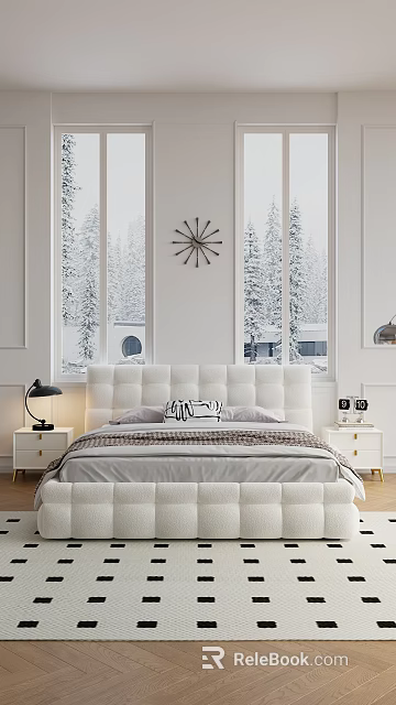 Double Bed with White Headboard Gray Bedding Bedside Lamp Wall Clock and Snowy Trees View 3d model 