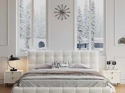 Double Bed with White Headboard Gray Bedding Bedside Lamp Wall Clock and Snowy Trees View 3d model